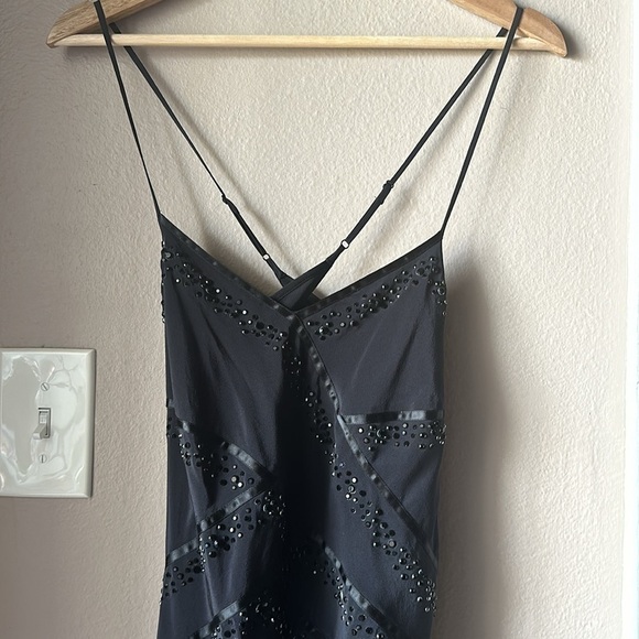 BEBE Beaded Feather Black Long Evening Dress - Picture 2 of 10